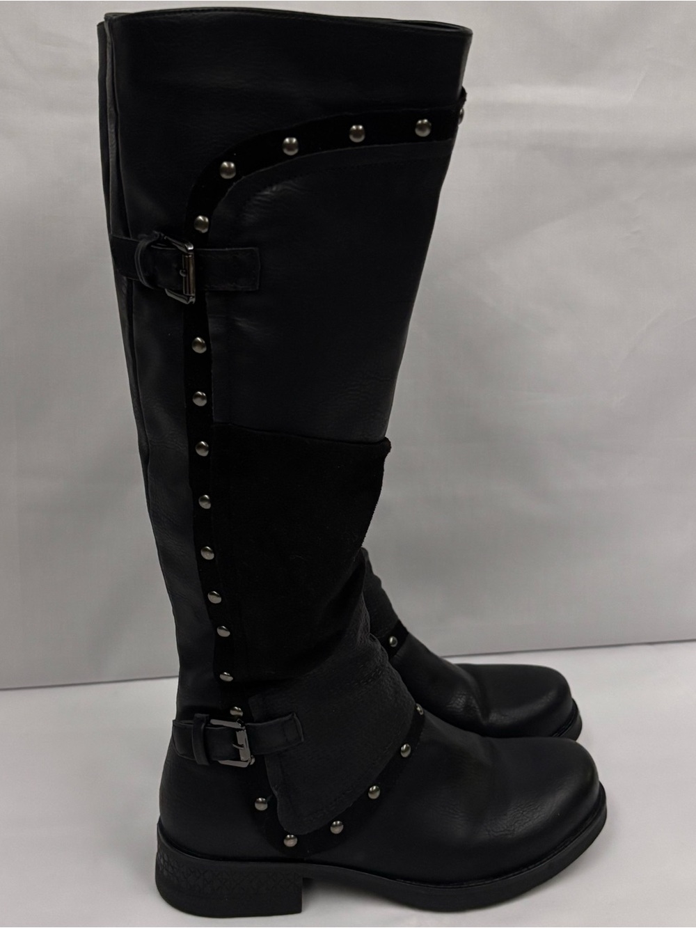 PATRIZIA BY SPRING STEP Knee High Boots Black Studded Buckle Tall Moto Size 5